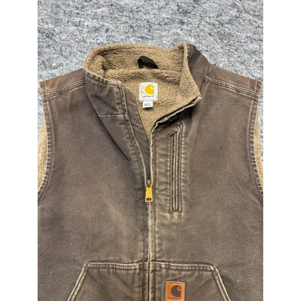 Carhartt V33 DKB Mock Neck Sherpa Lined Sandstone Duck Vest Mens Large Brown